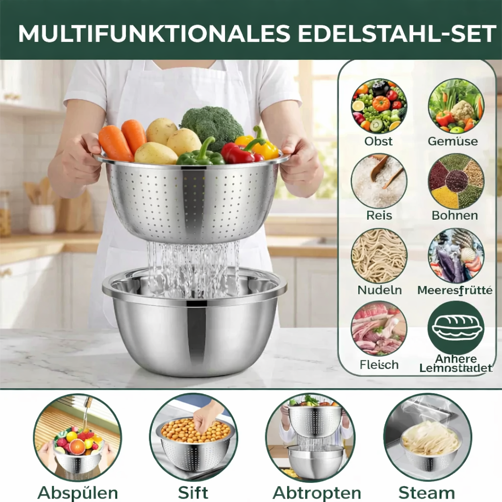 3-in-1 Rührschüssel-Set Edelstahl mit Reibe und Sieb | Karnz