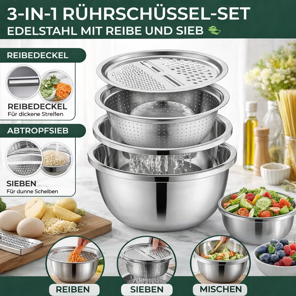 3-in-1 Rührschüssel-Set Edelstahl mit Reibe und Sieb | Karnz