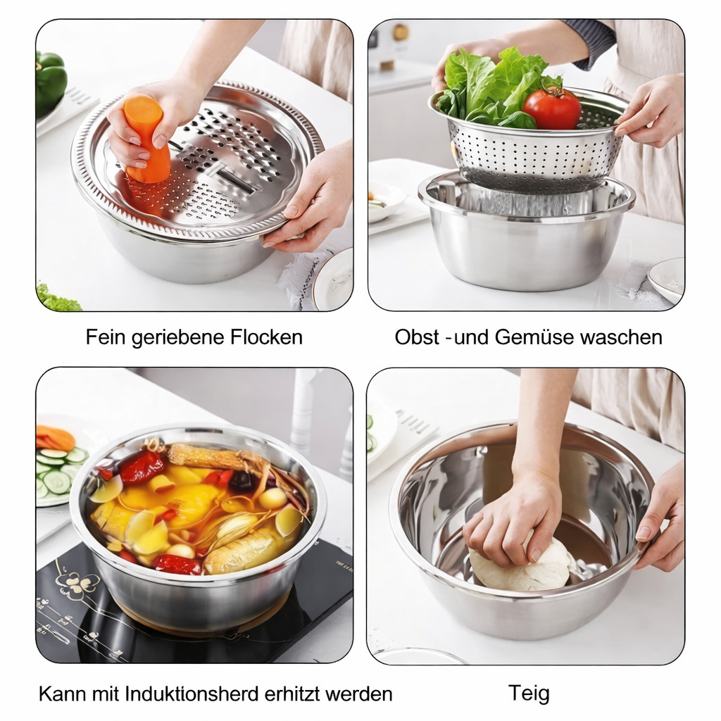 3-in-1 Rührschüssel-Set Edelstahl mit Reibe und Sieb | Karnz