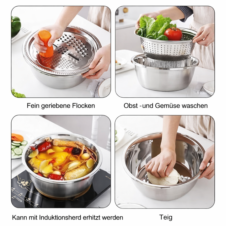 3-in-1 Rührschüssel-Set Edelstahl mit Reibe und Sieb | Karnz