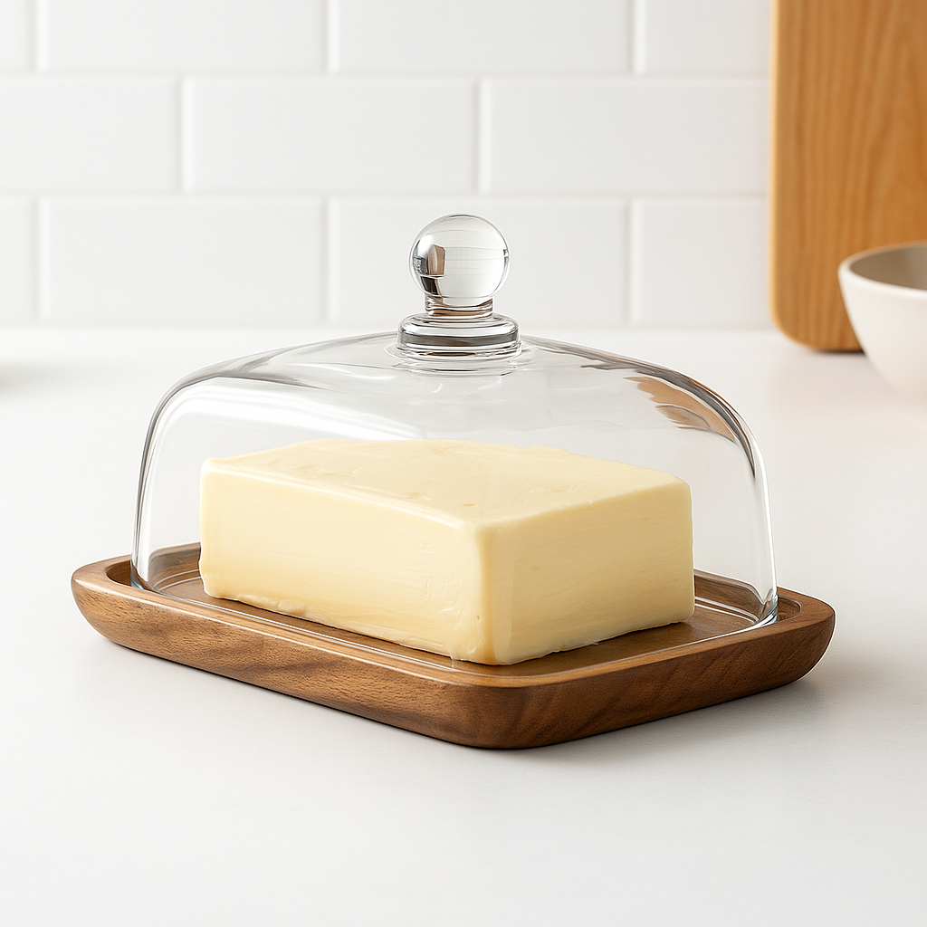 ButterVault Butterdose mit Glasdeckel und Holzbasis | Karnz