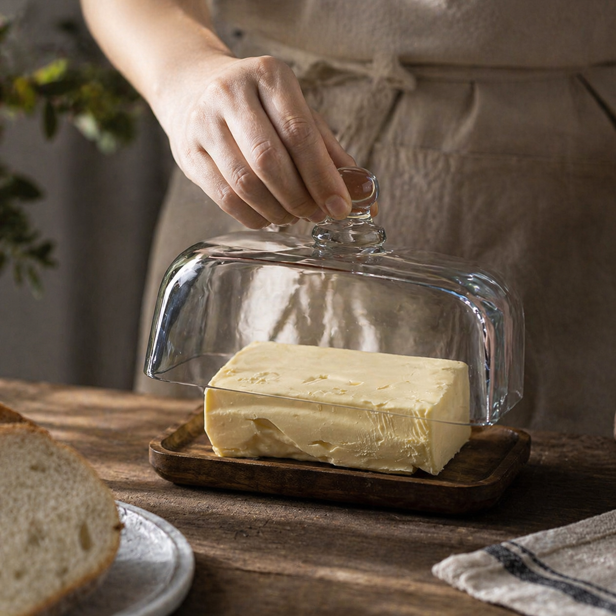 ButterVault Butterdose mit Glasdeckel und Holzbasis | Karnz