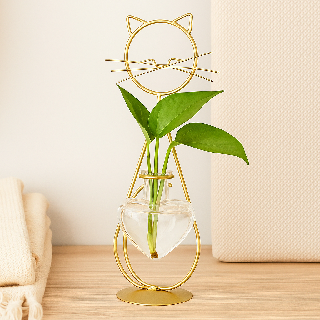 Herzförmige Glas-Pflanzerbox mit katzeninspiriertem Halter Karnz