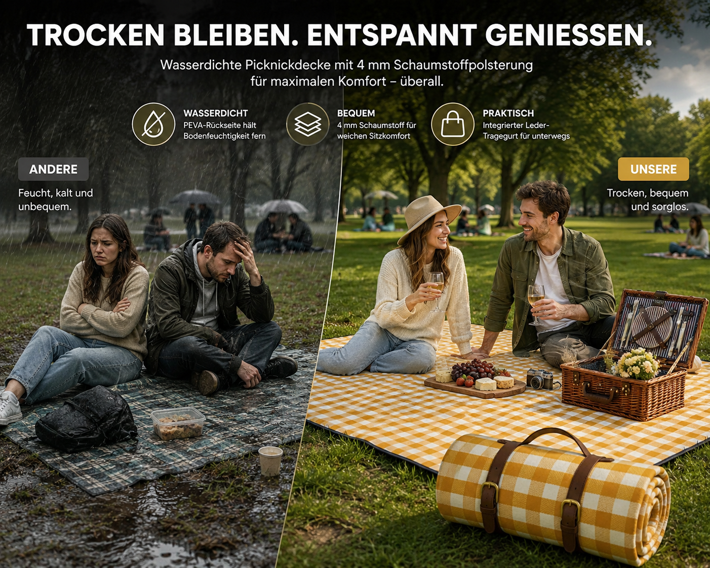 Picknickdecke wasserabweisend mit Leder-Tragegurt | Karnz
