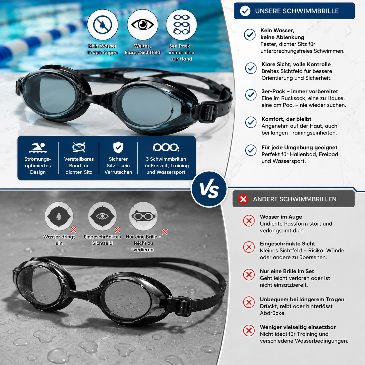 Schwimmbrille 3er-Pack für Erwachsene | Karnz