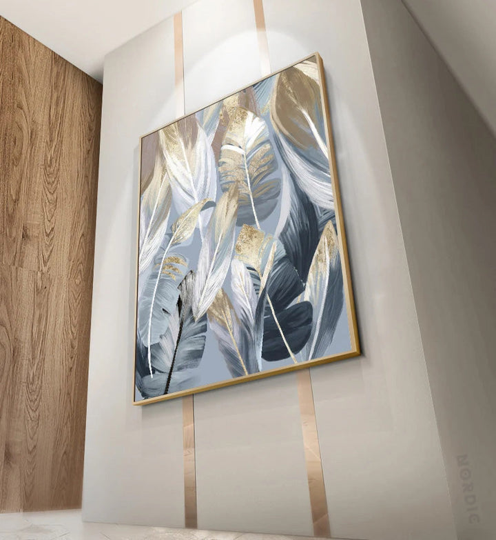 Chic Abstract Blau Goldene Federn Wandkunst Fine Art Leinwanddrucke Poster Bilder Für Wohnzimmer Esszimmer Moderne Schlafzimmer Kunst Dekor
