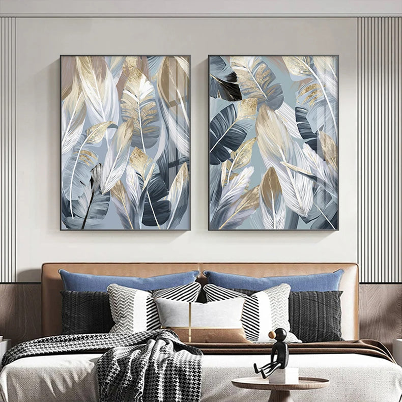 Chic Abstract Blau Goldene Federn Wandkunst Fine Art Leinwanddrucke Poster Bilder Für Wohnzimmer Esszimmer Moderne Schlafzimmer Kunst Dekor