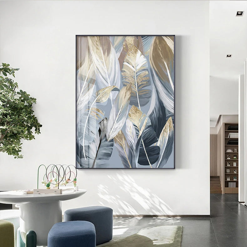 Chic Abstract Blau Goldene Federn Wandkunst Fine Art Leinwanddrucke Poster Bilder Für Wohnzimmer Esszimmer Moderne Schlafzimmer Kunst Dekor