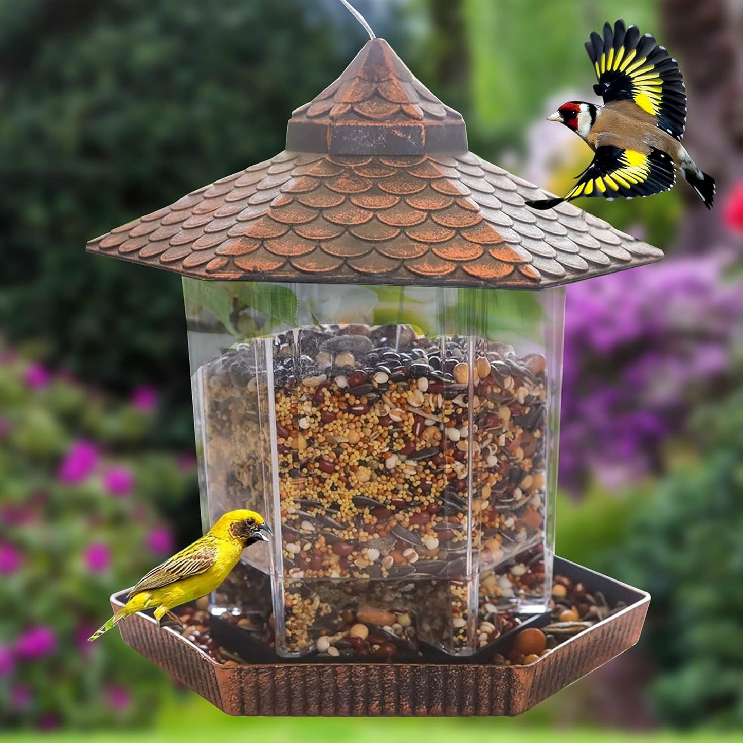 Vogelfutterhaus zum Aufhängen mit Kupferdach im Freien