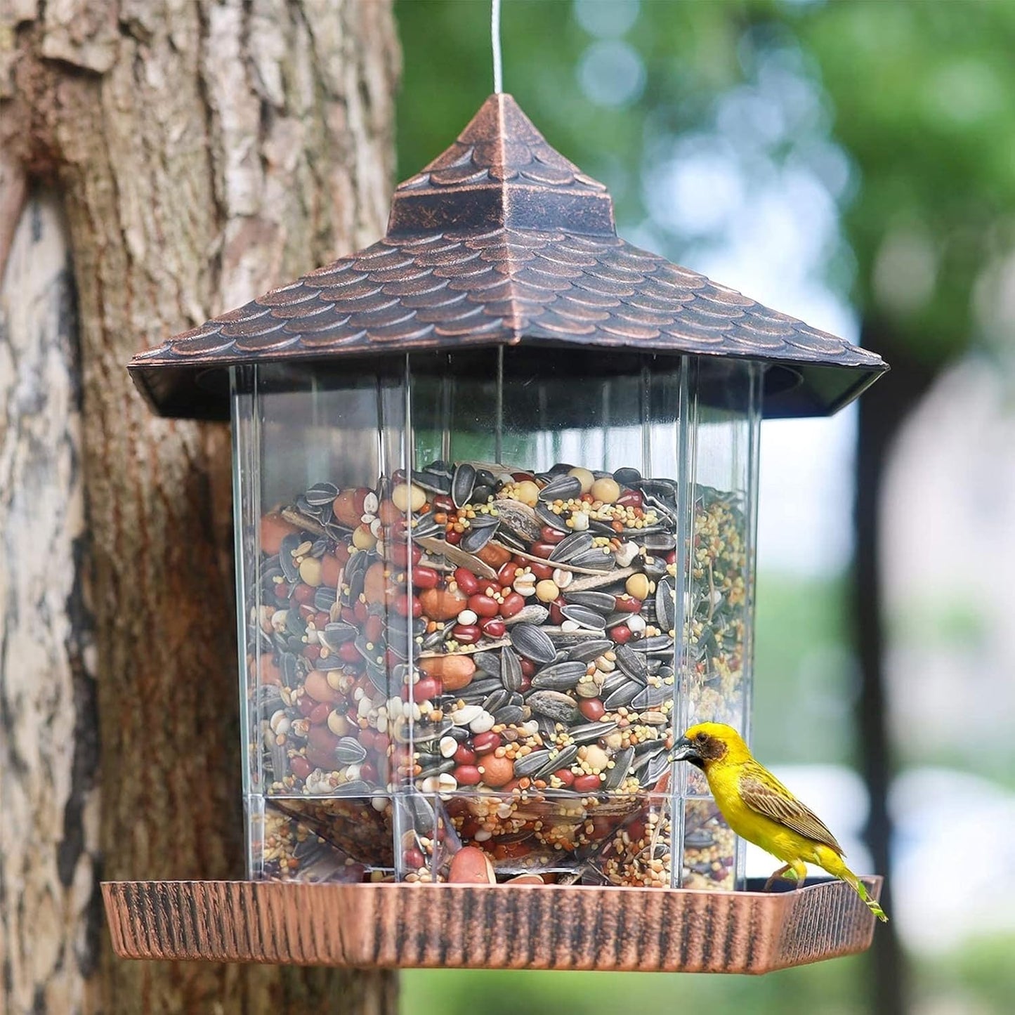 Vogelfutterhaus zum Aufhängen mit Kupferdach im Freien