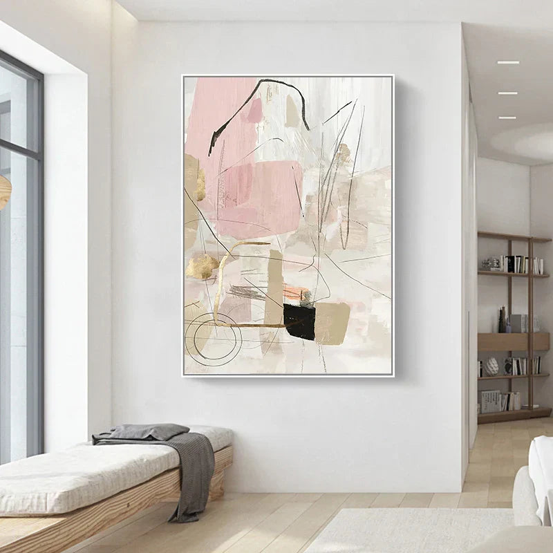Zeitgenössischer Pastell-Abstrakt-Leinwanddruck Wandkunst - Kühne und zarte geometrische Kunst in Rosa, Weiß, Schwarz und Beige - Perfekt für moderne minimalistische Interieurs