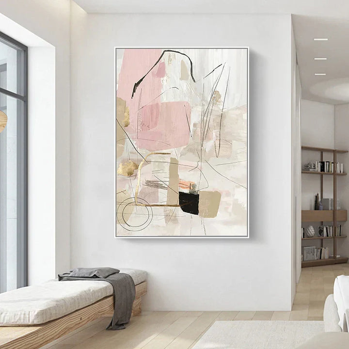 Zeitgenössischer Pastell-Abstrakt-Leinwanddruck Wandkunst - Kühne und zarte geometrische Kunst in Rosa, Weiß, Schwarz und Beige - Perfekt für moderne minimalistische Interieurs