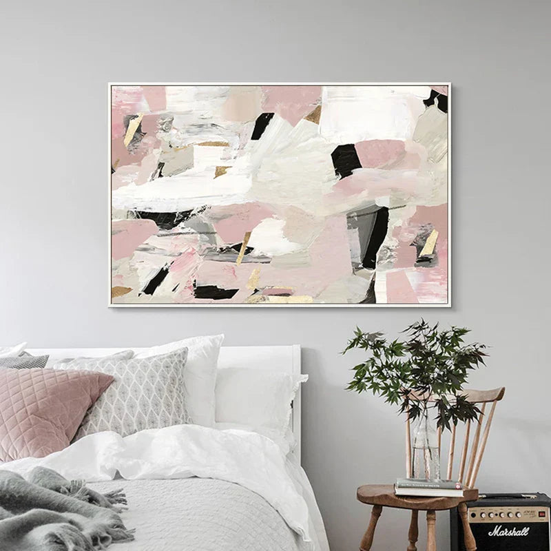 Zeitgenössischer Pastell-Abstrakt-Leinwanddruck Wandkunst - Kühne und zarte geometrische Kunst in Rosa, Weiß, Schwarz und Beige - Perfekt für moderne minimalistische Interieurs