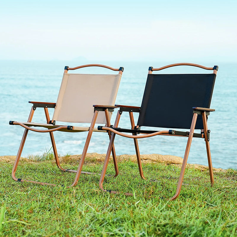 Moderner Minimalistischer Rechteckiger Buchenholz Kohlenstoffstahl Oxford-Stoff Outdoor Klapp-Campingstuhl mit Rückenlehne Armlehne für den Garten | Karnz