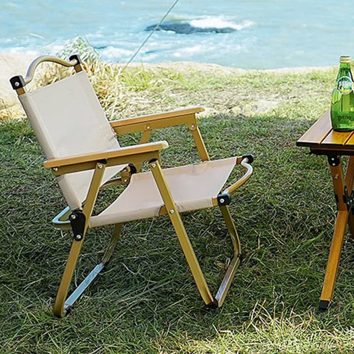 Moderner Minimalistischer Rechteckiger Buchenholz Kohlenstoffstahl Oxford-Stoff Outdoor Klapp-Campingstuhl mit Rückenlehne Armlehne für den Garten | Karnz