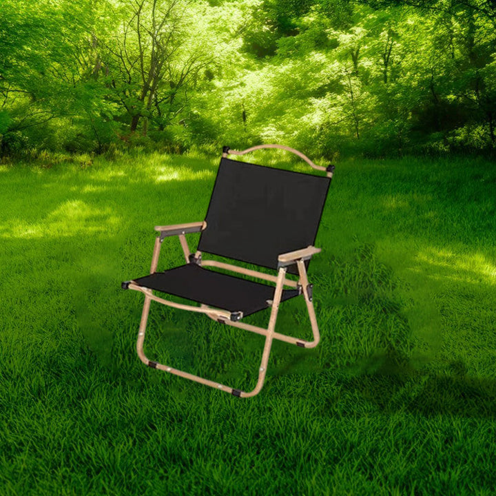 Moderner Minimalistischer Rechteckiger Buchenholz Kohlenstoffstahl Oxford-Stoff Outdoor Klapp-Campingstuhl mit Rückenlehne Armlehne für den Garten | Karnz