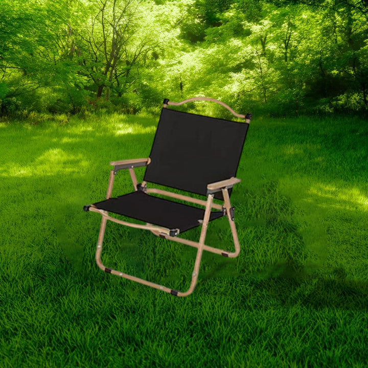 Moderner Minimalistischer Rechteckiger Buchenholz Kohlenstoffstahl Oxford-Stoff Outdoor Klapp-Campingstuhl mit Rückenlehne Armlehne für den Garten | Karnz
