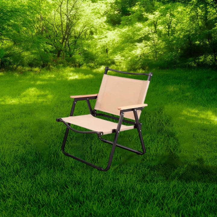Moderner Minimalistischer Rechteckiger Buchenholz Kohlenstoffstahl Oxford-Stoff Outdoor Klapp-Campingstuhl mit Rückenlehne Armlehne für den Garten | Karnz