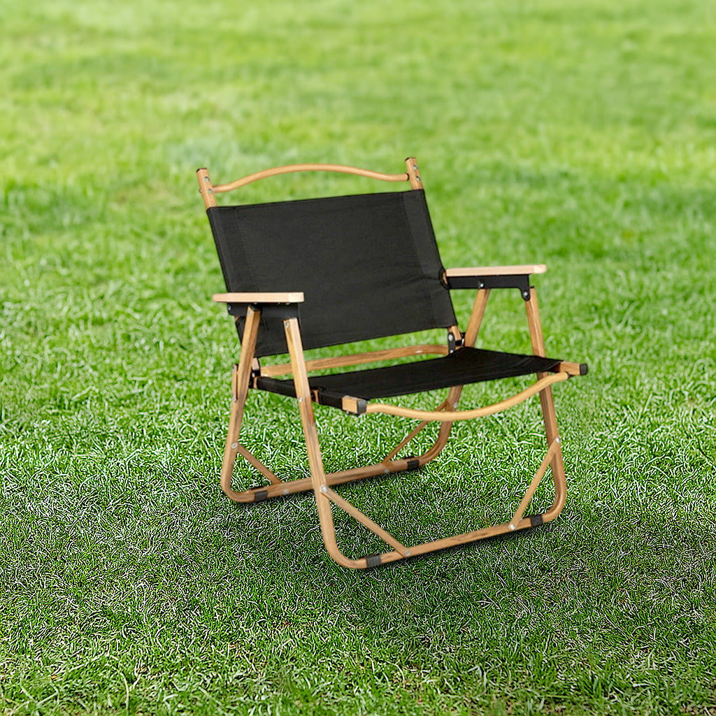 Rechteckiger, faltbarer und tragbarer Campingstuhl aus Kohlenstoffstahl, Aluminiumlegierung, Buchenholz, Oxford-Gewebe und PET mit abnehmbarer Rückenlehne und Armlehnen für den Garten