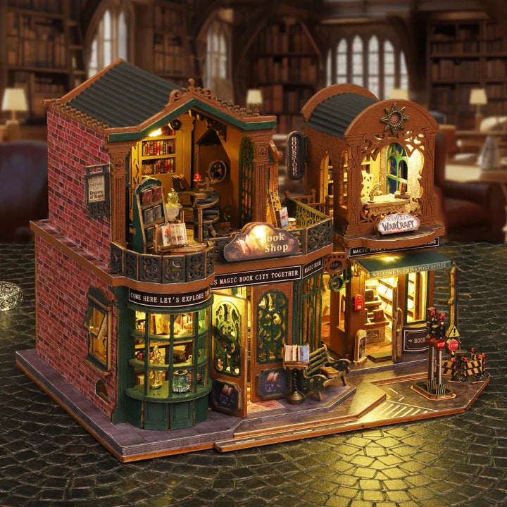 Karnz | DIY Holzpuppenhaus mit Buchhandlung – Kreatives Miniaturset mit Möbeln und Zubehör