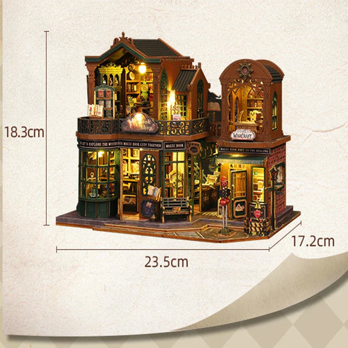 Karnz | DIY Holzpuppenhaus mit Buchhandlung – Kreatives Miniaturset mit Möbeln und Zubehör