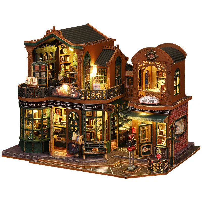 Karnz | DIY Holzpuppenhaus mit Buchhandlung – Kreatives Miniaturset mit Möbeln und Zubehör