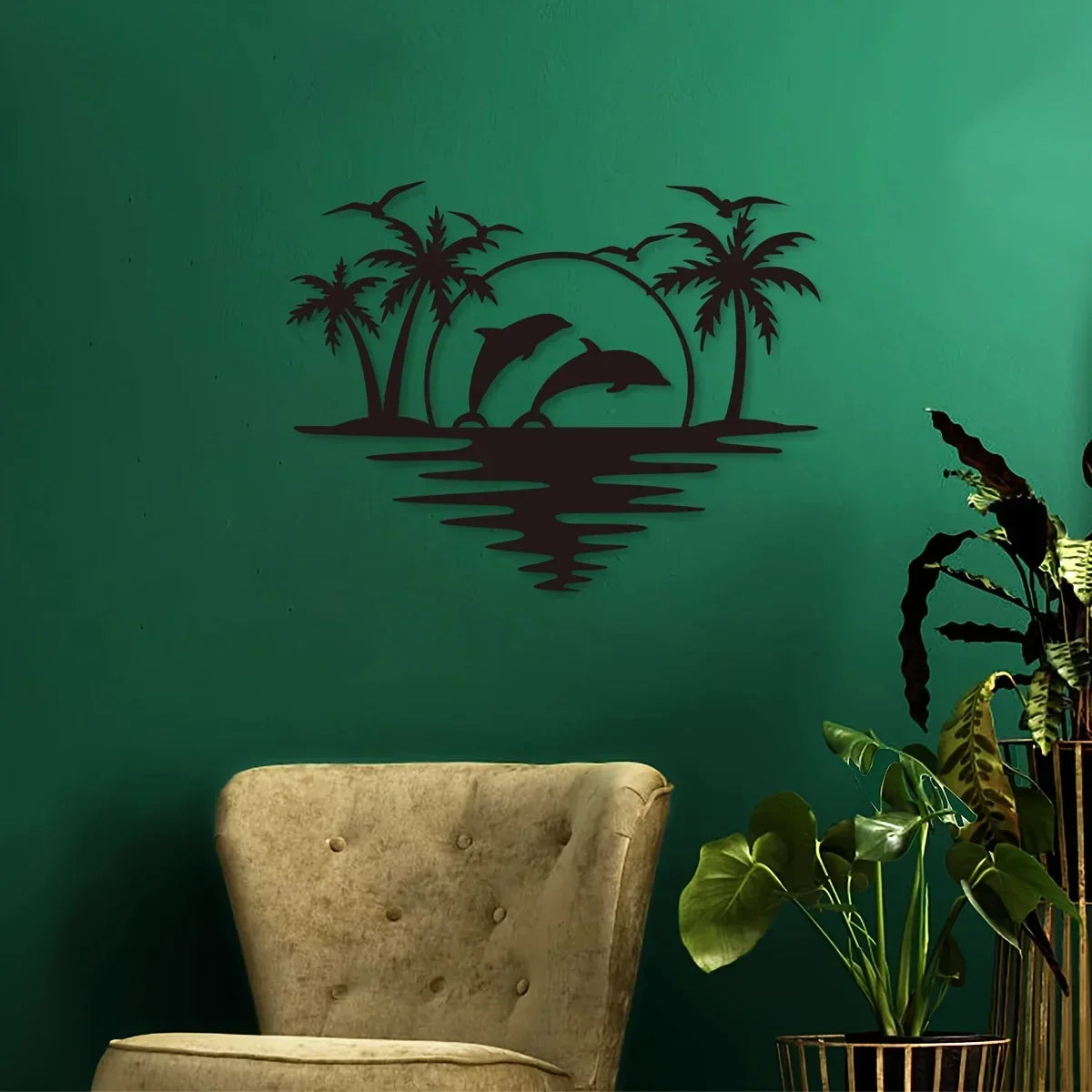Delfin Sonnenuntergang Tropische Palmen Eisenkunst Wandkunst 3D Metall Skulptur Wanddekoration Für Wohnzimmer Esszimmer Kreativ Zeitgenössisch Nordisch Wohnkultur | Karnz