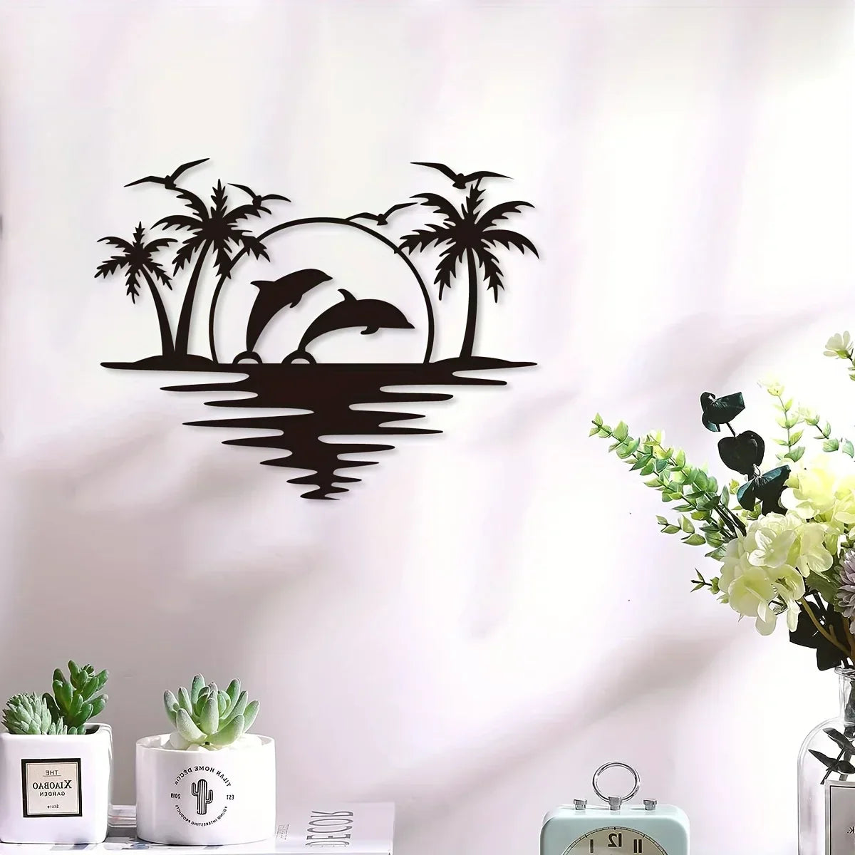 Delfin Sonnenuntergang Tropische Palmen Eisenkunst Wandkunst 3D Metall Skulptur Wanddekoration Für Wohnzimmer Esszimmer Kreativ Zeitgenössisch Nordisch Wohnkultur | Karnz