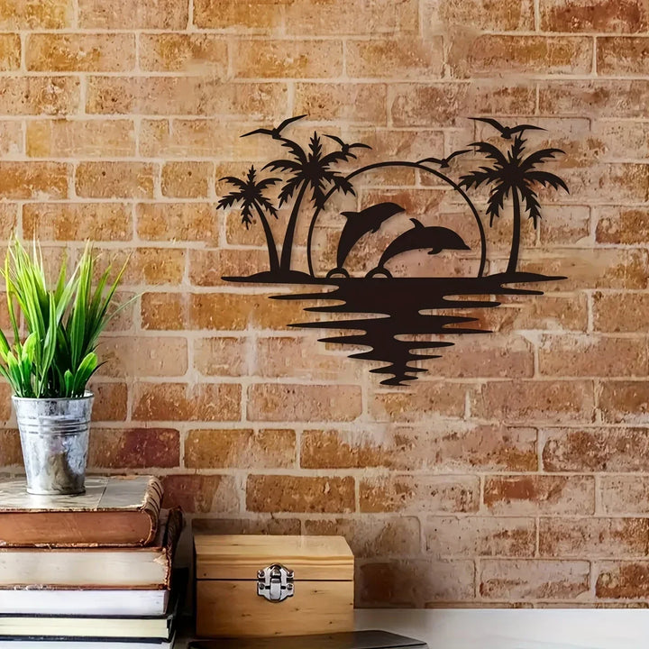 Delfin Sonnenuntergang Tropische Palmen Eisen Kunst Wandkunst 3D Metall Skulptur Wanddekoration Für Wohnzimmer Esszimmer Kreative Zeitgenössische Nordische Wohnkultur