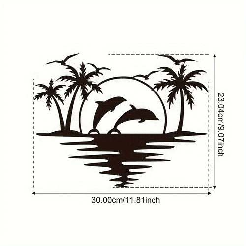 Delfin Sonnenuntergang Tropische Palmen Eisen Kunst Wandkunst 3D Metall Skulptur Wanddekoration Für Wohnzimmer Esszimmer Kreative Zeitgenössische Nordische Wohnkultur