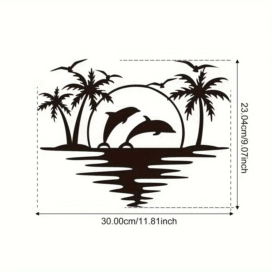 Delfin Sonnenuntergang Tropische Palmen Eisenkunst Wandkunst 3D Metall Skulptur Wanddekoration Für Wohnzimmer Esszimmer Kreativ Zeitgenössisch Nordisch Wohnkultur | Karnz