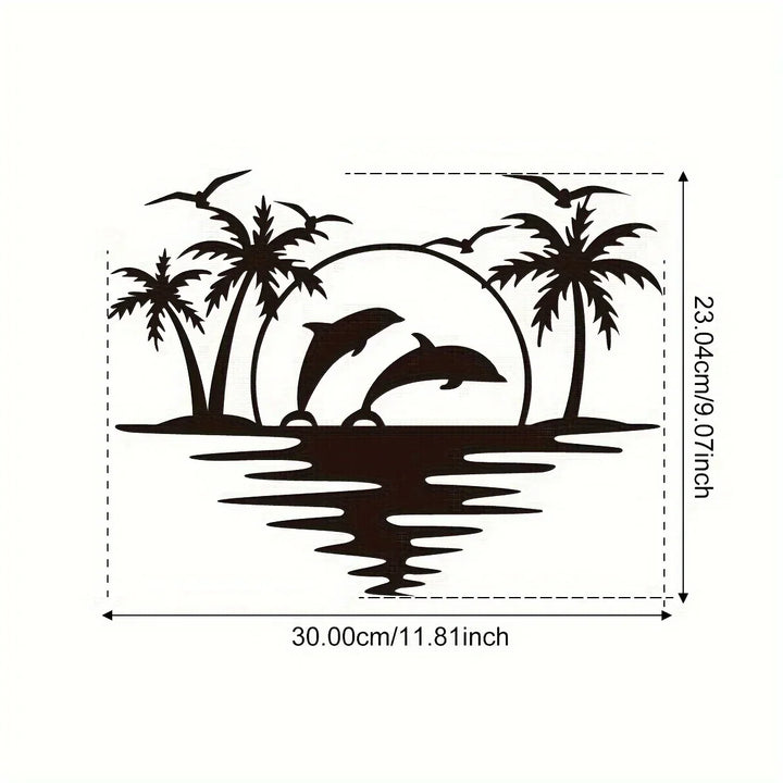 Delfin Sonnenuntergang Tropische Palmen Eisenkunst Wandkunst 3D Metall Skulptur Wanddekoration Für Wohnzimmer Esszimmer Kreativ Zeitgenössisch Nordisch Wohnkultur | Karnz