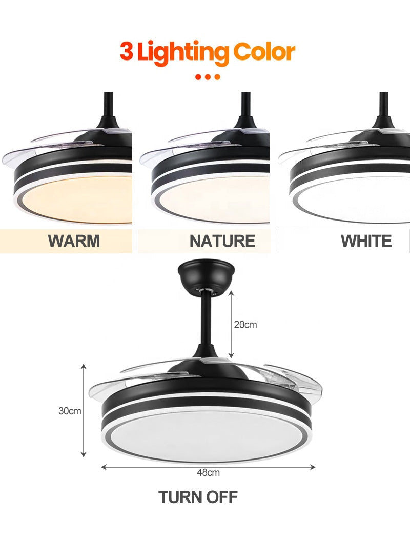 Moderner einziehbarer Deckenventilator mit Licht-Schwarz | Karnz
