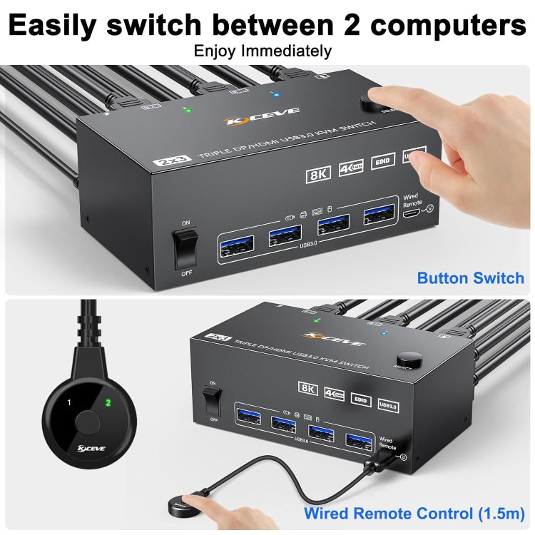 KC-KVM203DH 8K 30Hz USB 3.0 DP+DP+HDMI Triple-Monitor-KVM-Switch, AU-Stecker