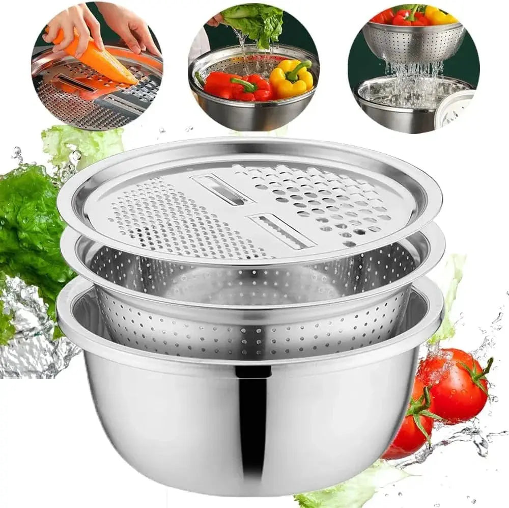 3-in-1 Rührschüssel-Set Edelstahl mit Reibe und Sieb | Karnz