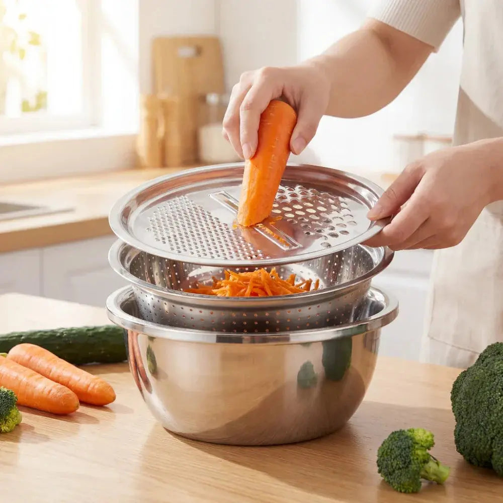 3-in-1 Rührschüssel-Set Edelstahl mit Reibe und Sieb | Karnz