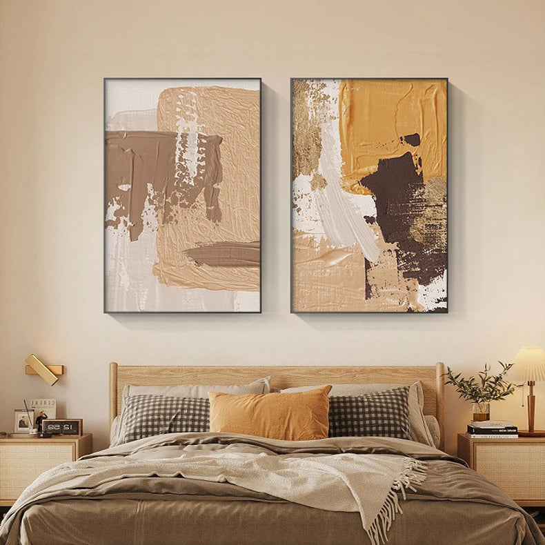 Elegante Erdtöne Abstract Pinselstruktur Wandkunst Feine Kunst Leinwanddrucke Triple Harmony von Senfgelb, Braun und Beige – Zeitgenössische Wandkunst für moderne Wohnkultur