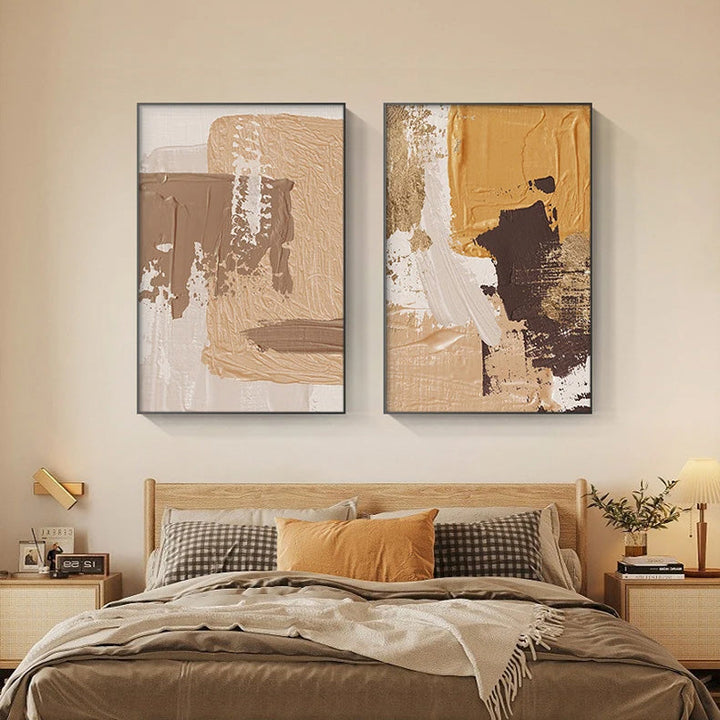Elegante Erdtöne Abstract Pinselstruktur Wandkunst Feine Kunst Leinwanddrucke Triple Harmony von Senfgelb, Braun und Beige – Zeitgenössische Wandkunst für moderne Wohnkultur