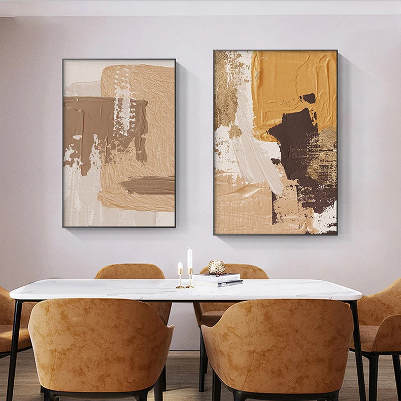 Elegante Erdtöne Abstract Pinselstruktur Wandkunst Feine Kunst Leinwanddrucke Triple Harmony von Senfgelb, Braun und Beige – Zeitgenössische Wandkunst für moderne Wohnkultur