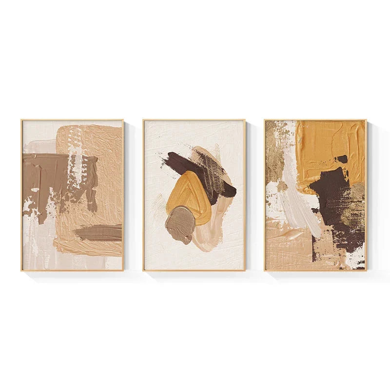 Elegante Erdtöne Abstract Pinselstruktur Wandkunst Feine Kunst Leinwanddrucke Triple Harmony von Senfgelb, Braun und Beige – Zeitgenössische Wandkunst für moderne Wohnkultur