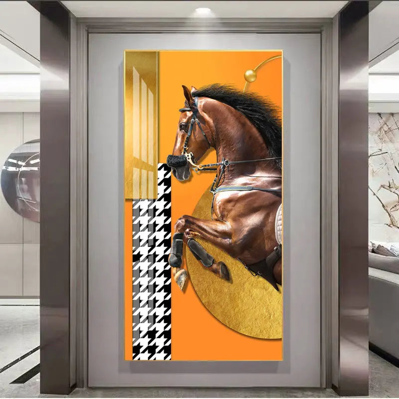 Elegante Reiter Wandkunst Fine Art Leinwanddruck Majestätisches Braunes Pferdeporträt auf abstraktem orangen Hintergrund für Bilder für moderne Inneneinrichtung