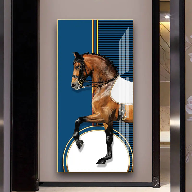 Elegante Reiter Wandkunst Fine Art Leinwanddruck Majestätisches Braunes Pferdeporträt auf abstraktem orangen Hintergrund für Bilder für moderne Inneneinrichtung