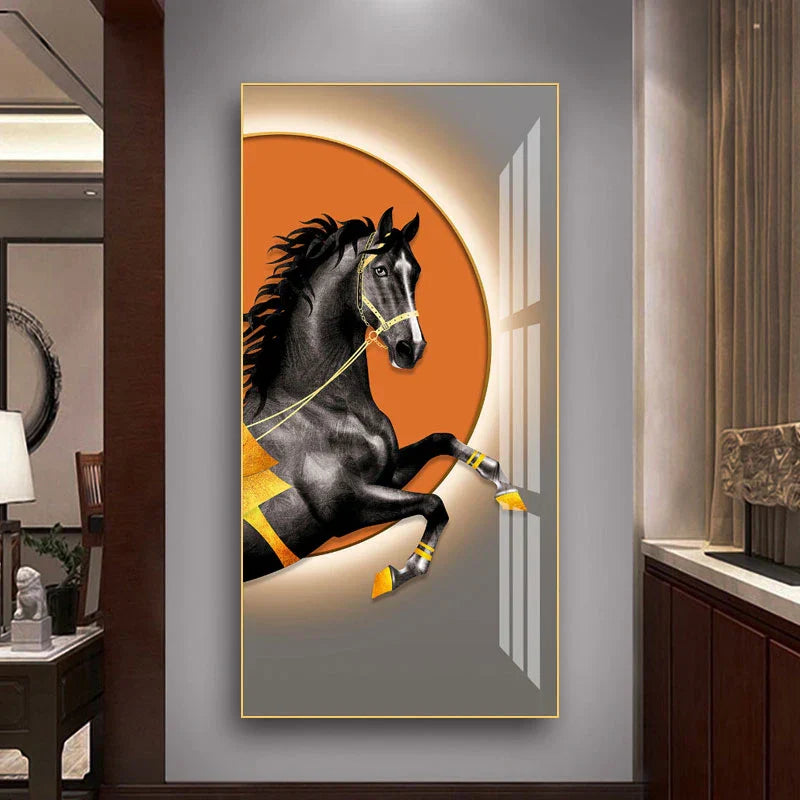 Elegante Reiter Wandkunst Fine Art Leinwanddruck Majestätisches Braunes Pferdeporträt auf abstraktem orangen Hintergrund für Bilder für moderne Inneneinrichtung