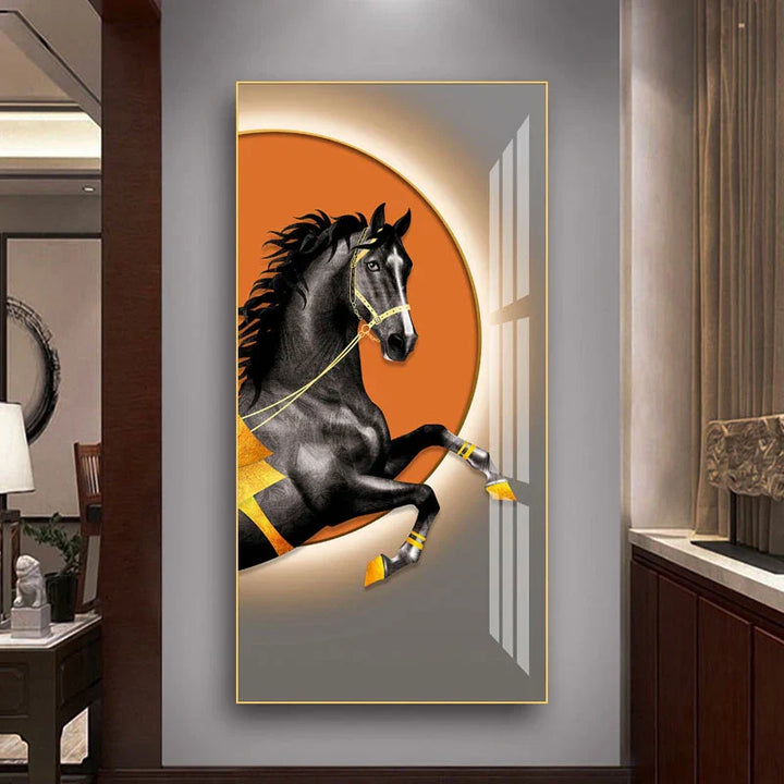 Elegante Reiter Wandkunst Fine Art Leinwanddruck Majestätisches Braunes Pferdeporträt auf abstraktem orangen Hintergrund für Bilder für moderne Inneneinrichtung