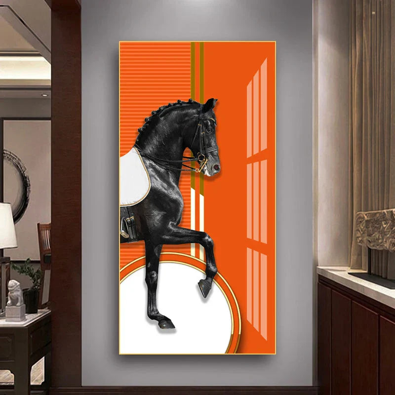 Elegante Reiter Wandkunst Fine Art Leinwanddruck Majestätisches Braunes Pferdeporträt auf abstraktem orangen Hintergrund für Bilder für moderne Inneneinrichtung