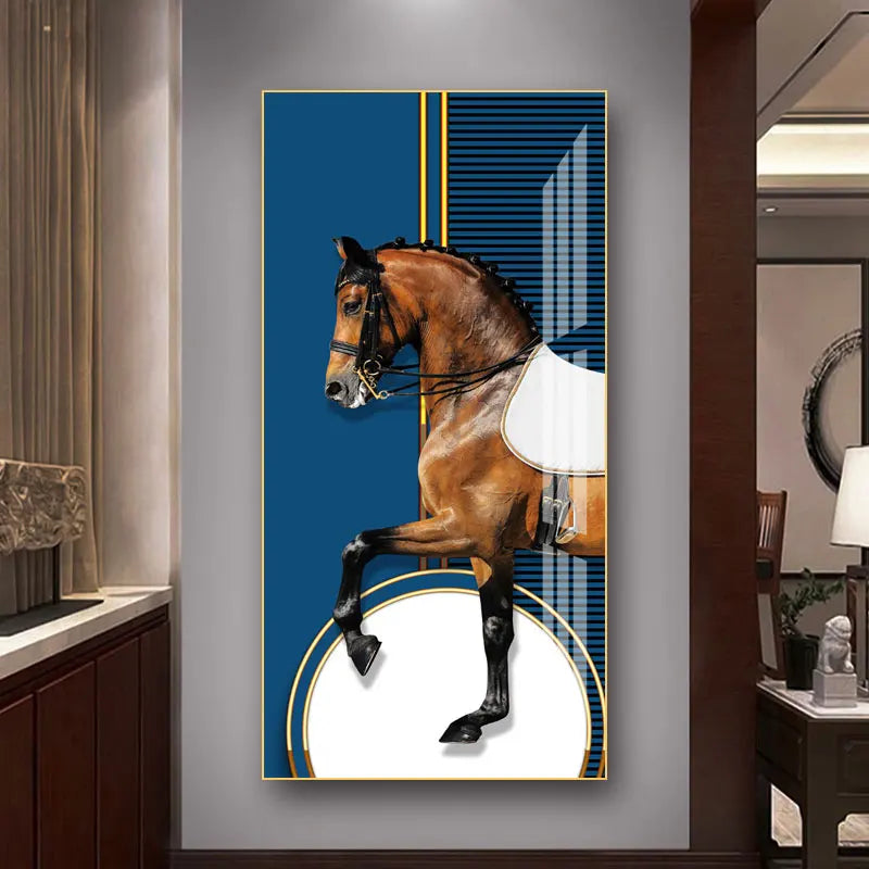 Elegante Reiter Wandkunst Fine Art Leinwanddruck Majestätisches Braunes Pferdeporträt auf abstraktem orangen Hintergrund für Bilder für moderne Inneneinrichtung