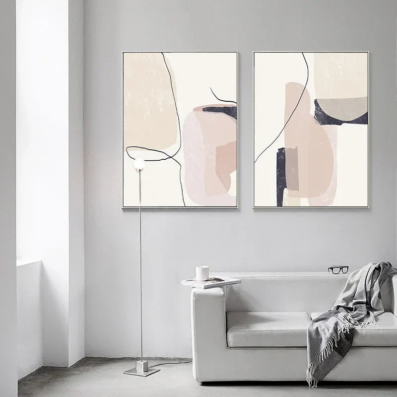 Elegante Minimalistische Abstrakte Wandkunst Fine Art Leinwanddrucke - Organische Formen und Linien in Beige, Blush und Schwarz - Perfekt für moderne Innenräume und Wohnkultur