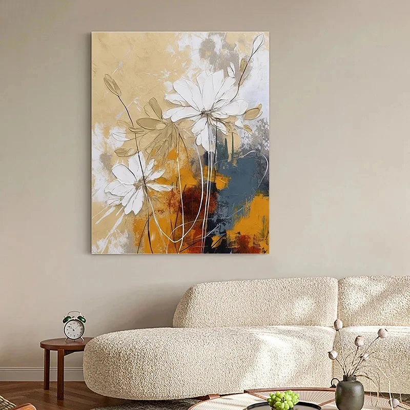 Elegante Blumen mit goldenen Akzenten Wandkunst Feine Kunst Leinwanddrucke Moderne abstrakte botanische Bilder für Wohnzimmer Eingangsbereich Wanddekoration | Karnz
