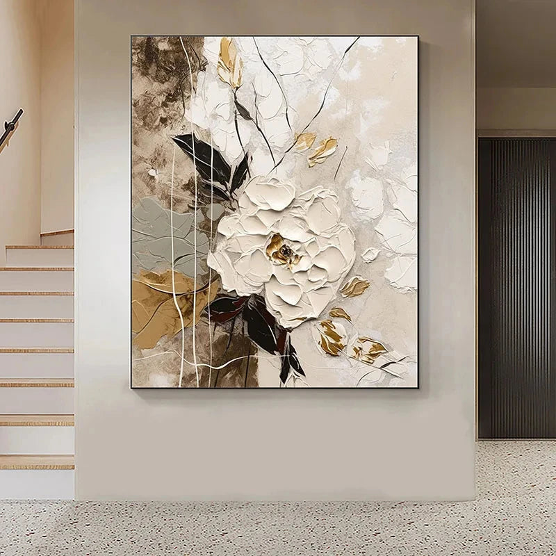 Elegante Blumen mit goldenen Akzenten Wandkunst Feine Kunst Leinwanddrucke Moderne abstrakte botanische Bilder für Wohnzimmer Eingangsbereich Wanddekoration | Karnz