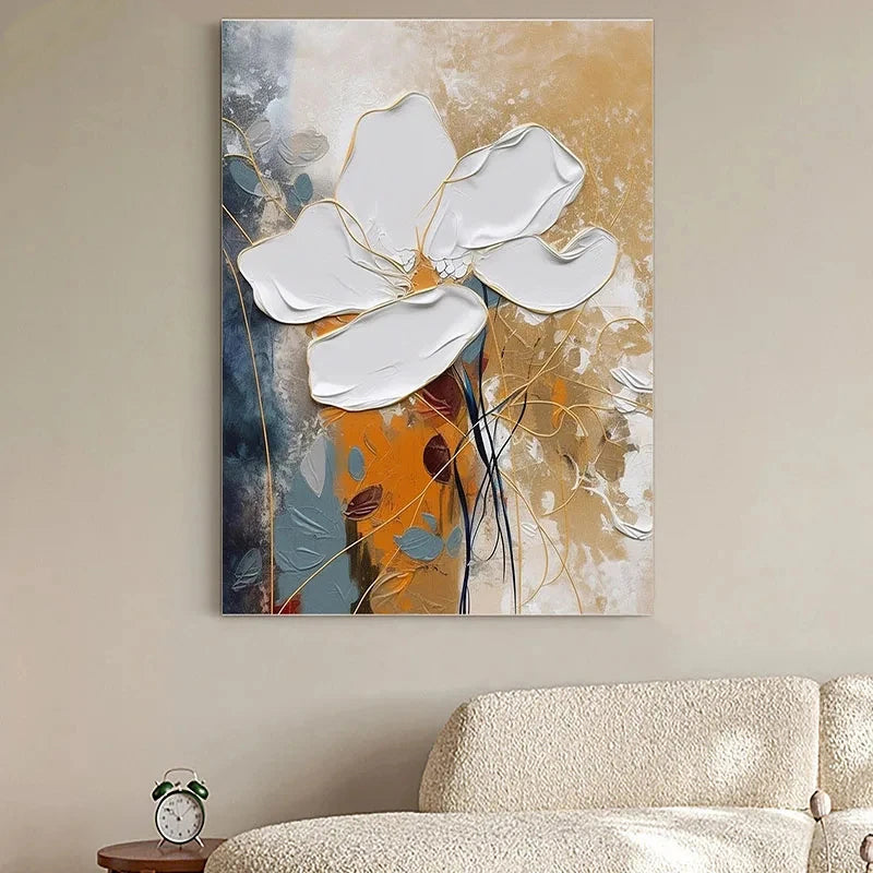 Elegante Blumen mit goldenen Akzenten Wandkunst Feine Kunst Leinwanddrucke Moderne abstrakte botanische Bilder für Wohnzimmer Eingangsbereich Wanddekoration | Karnz